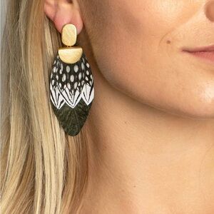Chic Gold and Black Patterned Feather Earrings